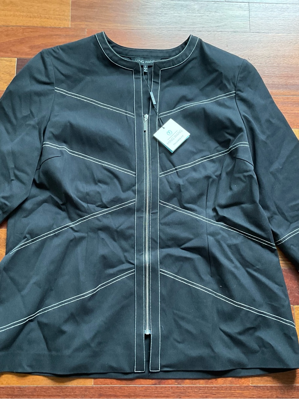 New Ming Wang size L Black Lightweight Zip-Front Jacket with Contrast Stitching